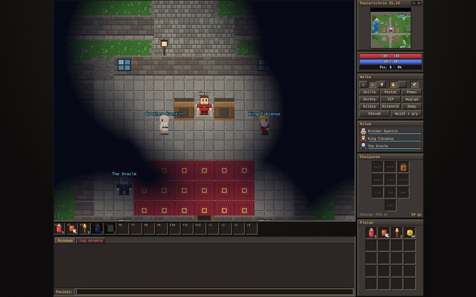 Tibia AI in game: a town square with the hero and three NPCs, the map and inventory beside it