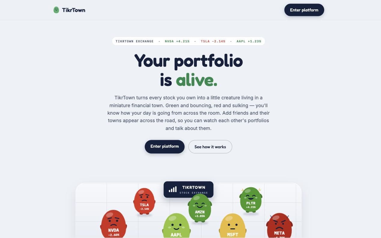 TikrTown home page: a plaza of stock-ticker creatures